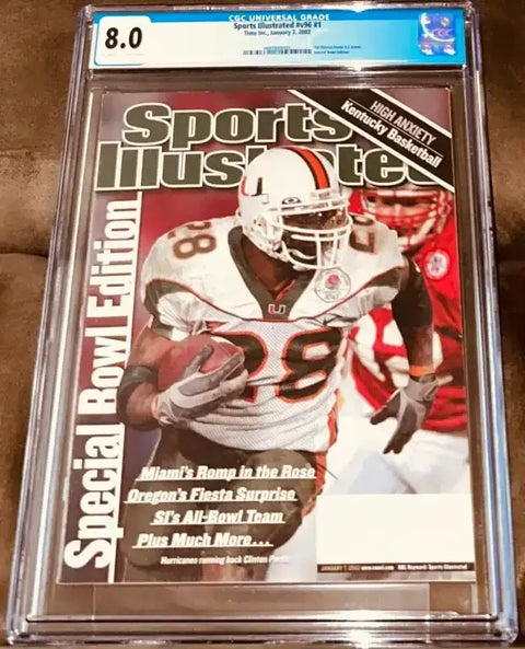CGC graded 8.0 Sports Illustrated cover featuring Miami Hurricanes RB Clinton Portis, Special Bowl Edition