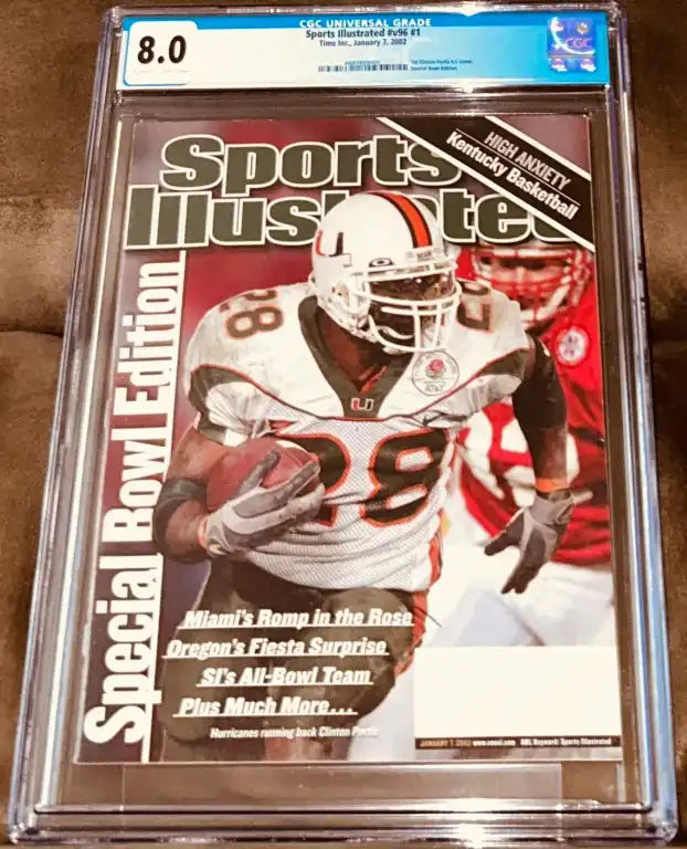 CGC graded 8.0 Sports Illustrated cover featuring Miami Hurricanes RB Clinton Portis, Special Bowl Edition