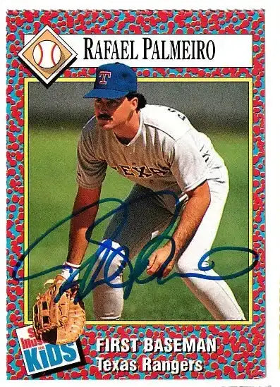 Rafael Palmeiro autographed SI for Kids card - first baseman for the Texas Rangers, signed in blue Sharpie
