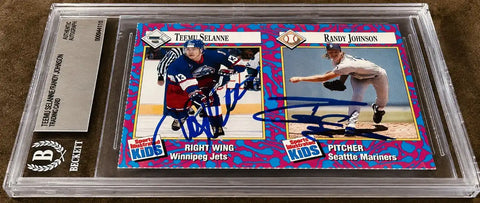 Autographed Teemu Selanne and Randy Johnson Sports Illustrated Kids trading card, authenticated by Beckett.