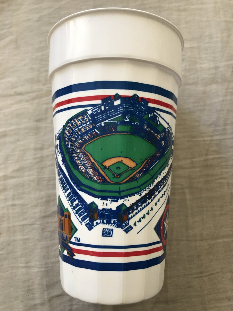 Vintage MLB stadium cup with baseball field graphic, red and blue stripes, collectible memorabilia