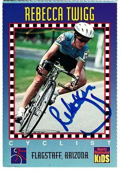 Rebecca Twigg autographed SI for Kids card - U.S. Olympic cyclist and multiple world champion, signed in blue Sharpie