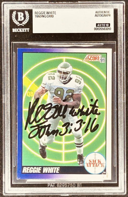 Reggie White signed Eagles 1991 Score Sack Attack card BAS 10 slab - AutographsForSale.com