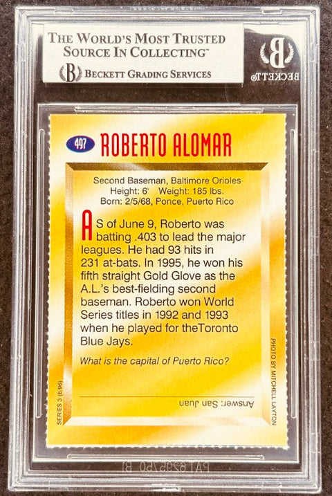Roberto Alomar signed Orioles 1996 SI for Kids card BAS (back)