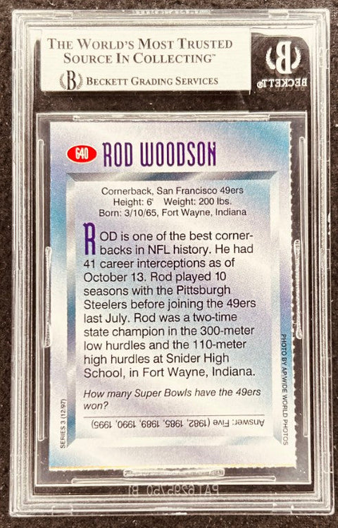 Rod Woodson signed 49ers 1997 SI for Kids card BAS (back)
