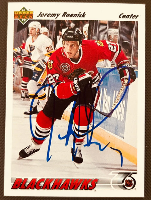 Signed Jeremy Roenick Chicago Blackhawks NHL hockey card, Upper Deck 91-92, center position, blue autograph