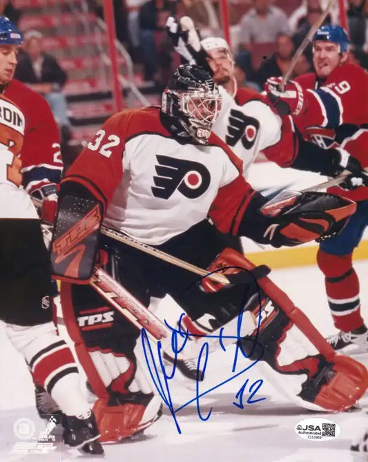 Autographed Philadelphia Flyers goalie in action, NHL memorabilia