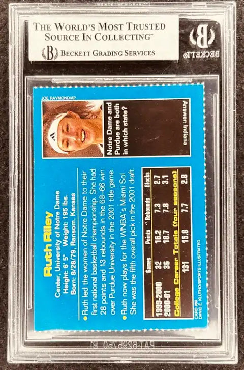 Ruth Riley autographed basketball card, Beckett graded, Notre Dame, WNBA, college stats, collectible memorabilia