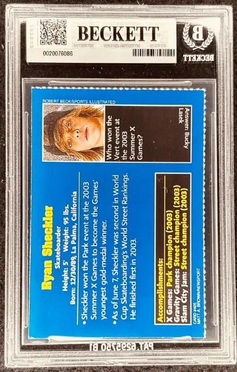 Ryan Sheckler skateboarding autograph card, Beckett authenticated, X Games champion, 2003