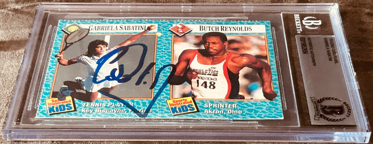 Autographed Gabriela Sabatini & Butch Reynolds Sports Illustrated Kids card, authenticated by Beckett.