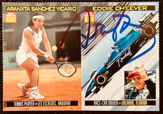 Sports Illustrated Kids cards featuring tennis player Arantxa Sanchez Vicario and race-car driver Eddie Cheever, with autograph.