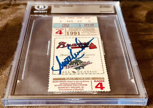 Autographed 1991 Atlanta Braves World Series Game 4 ticket, authenticated and encased in protective holder