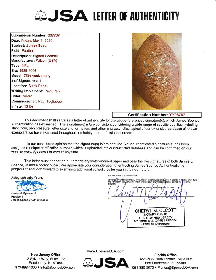 JSA letter of authenticity for a signed NFL 75th Anniversary Wilson football autographed in silver.