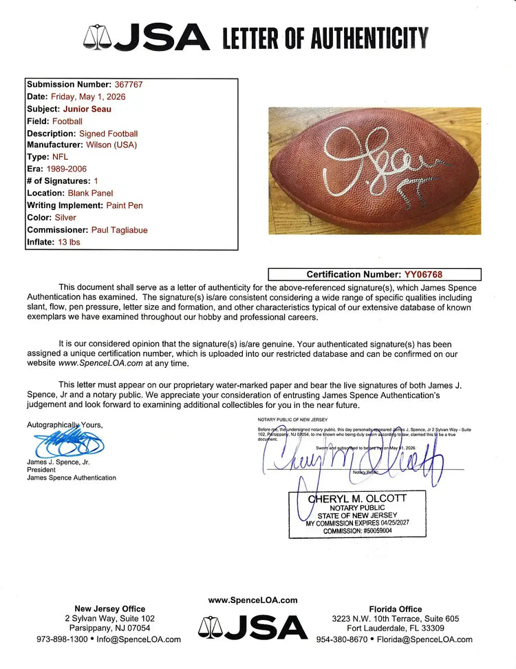 JSA Letter of Authenticity with image of Wilson NFL football signed in silver paint pen.