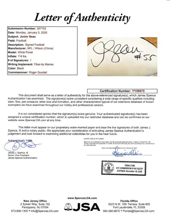 Junior Seau autographed Wilson NFL white panel football JSA Chargers - AutographsForSale.com