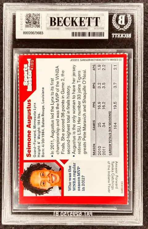 Seimone Augustus WNBA autographed trading card, authenticated by Beckett, featuring stats and career highlights