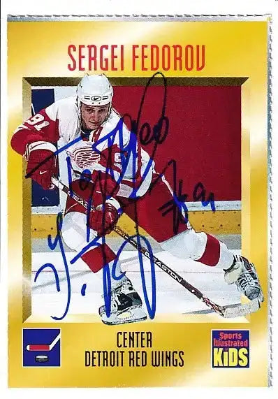 Sergei Fedorov autographed SI for Kids card - center for the Detroit Red Wings, signed in blue Sharpie