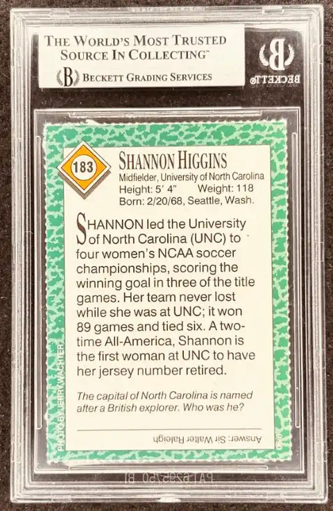 Shannon Higgins soccer card, UNC midfieder, Beckett graded, NCAA champion, authentic autograph memorabilia