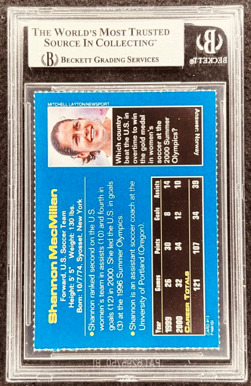 Shannon MacMillan autographed soccer card, Beckett graded, U.S. Women's Team stats, 1999-2000 season