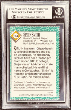 Sinjin Smith beach volleyball player autographed card graded by Beckett, featuring stats and career highlights.