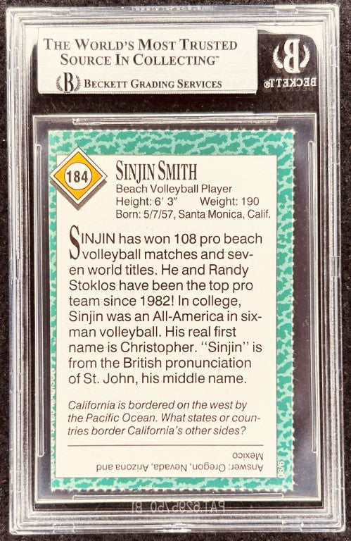 Sinjin Smith beach volleyball player autographed card graded by Beckett, featuring stats and career highlights.