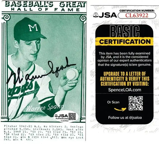 Warren Spahn autographed baseball card with JSA authentication certification, MLB Hall of Fame pitcher