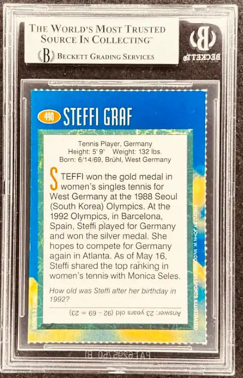 Steffi Graf tennis trading card, Beckett graded, featuring Olympic gold medalist stats and bio