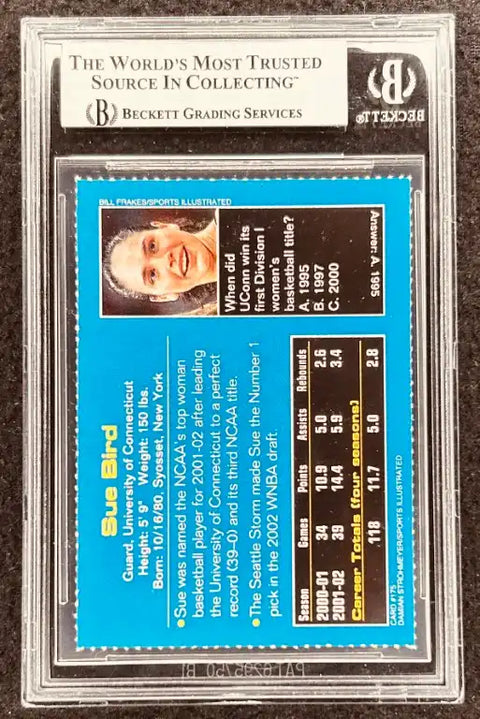 Sue Bird signed basketball card, Beckett graded, NCAA & WNBA stats, authentic sports memorabilia