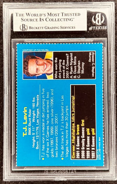T.J. Lavin BMX Stunt Rider autographed card, graded by Beckett, featuring X Games highlights and career stats.