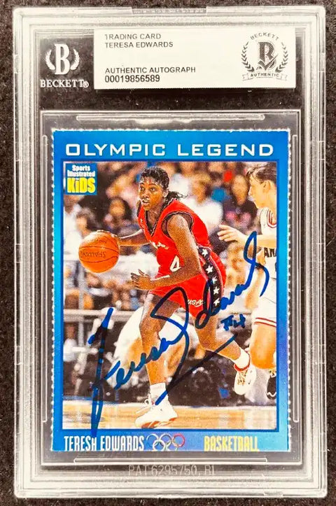 Teresa Edwards autographed Olympic basketball trading card, Beckett authenticated, Sports Illustrated Kids