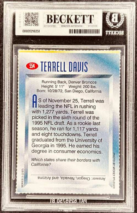 Terrell Davis NFL trading card, Denver Broncos, Beckett authenticated, signed memorabilia