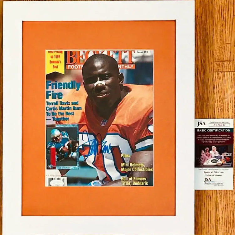 Terrell Davis autographed Broncos Beckett Football cover framed JSA - AutographsForSale.com