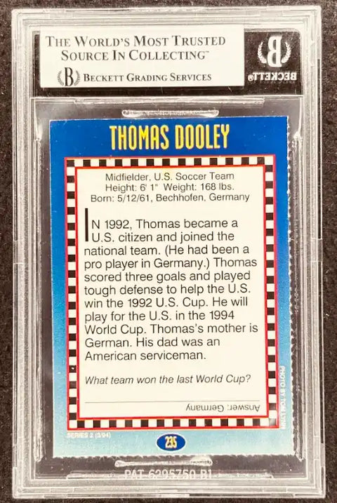 Thomas Dooley U.S. Soccer Team autographed trading card, Beckett graded, 1992 World Cup details