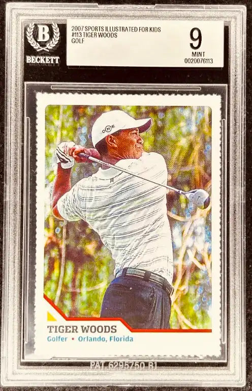 2007 Sports Illustrated for Kids #113 Tiger Woods golf card, graded Beckett 9 Mint, authentic signed memorabilia