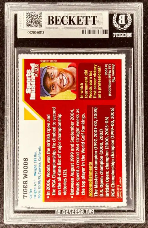 Tiger Woods autographed Sports Illustrated for Kids trading card, Beckett authenticated, golf memorabilia