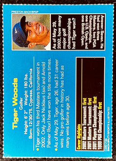 Tiger Woods trivia sports card with career highlights and smiling portrait, golf memorabilia