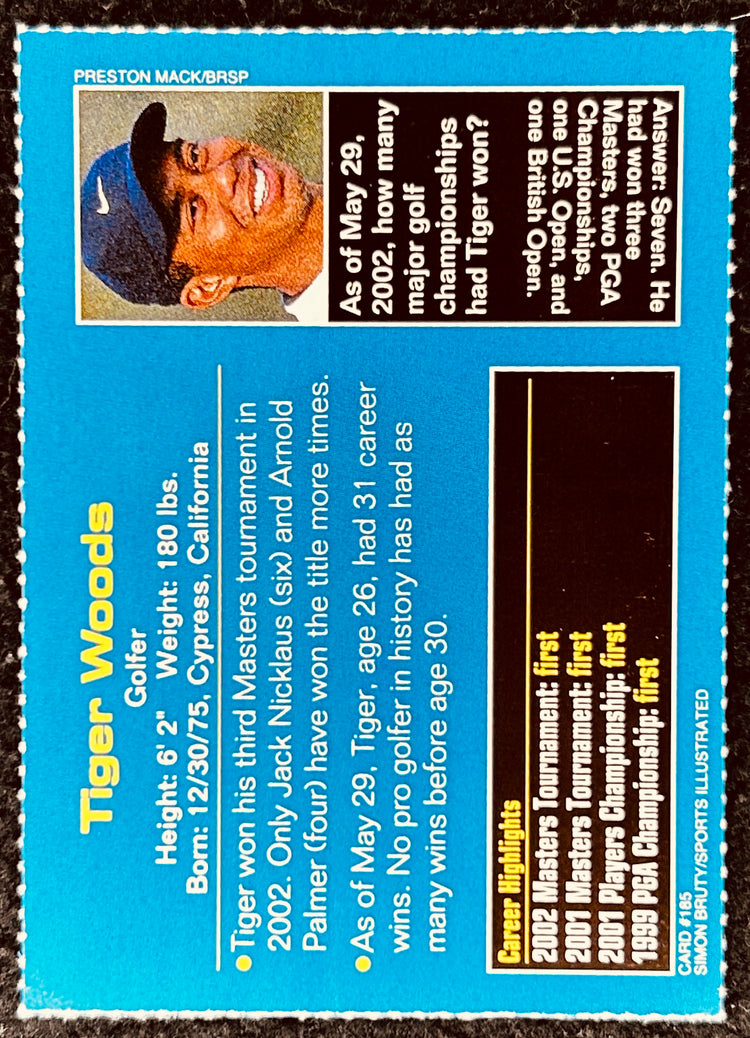 Tiger Woods trivia sports card with career highlights and smiling portrait, golf memorabilia