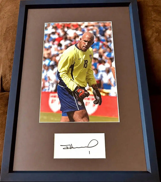 Framed Tim Howard autographed soccer photo, USA goalkeeper in yellow jersey, authentic signed memorabilia