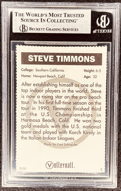 Steve Timmons volleyball card graded by Beckett, featuring bio and stats, collectible sports memorabilia