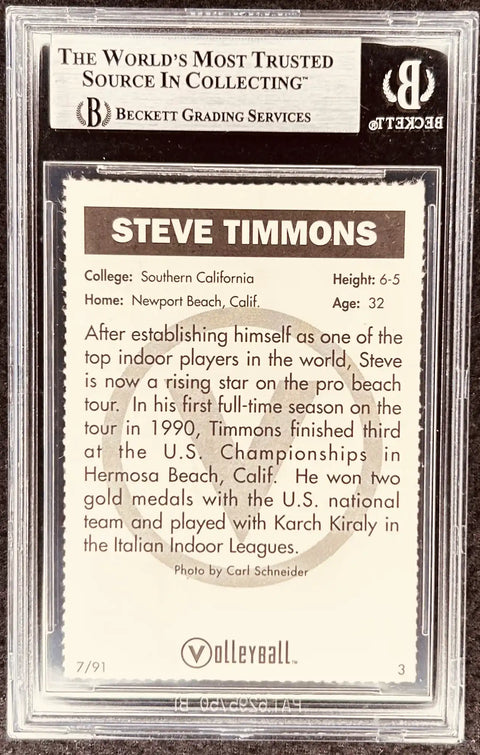 Steve Timmons volleyball card graded by Beckett, featuring bio and stats, collectible sports memorabilia