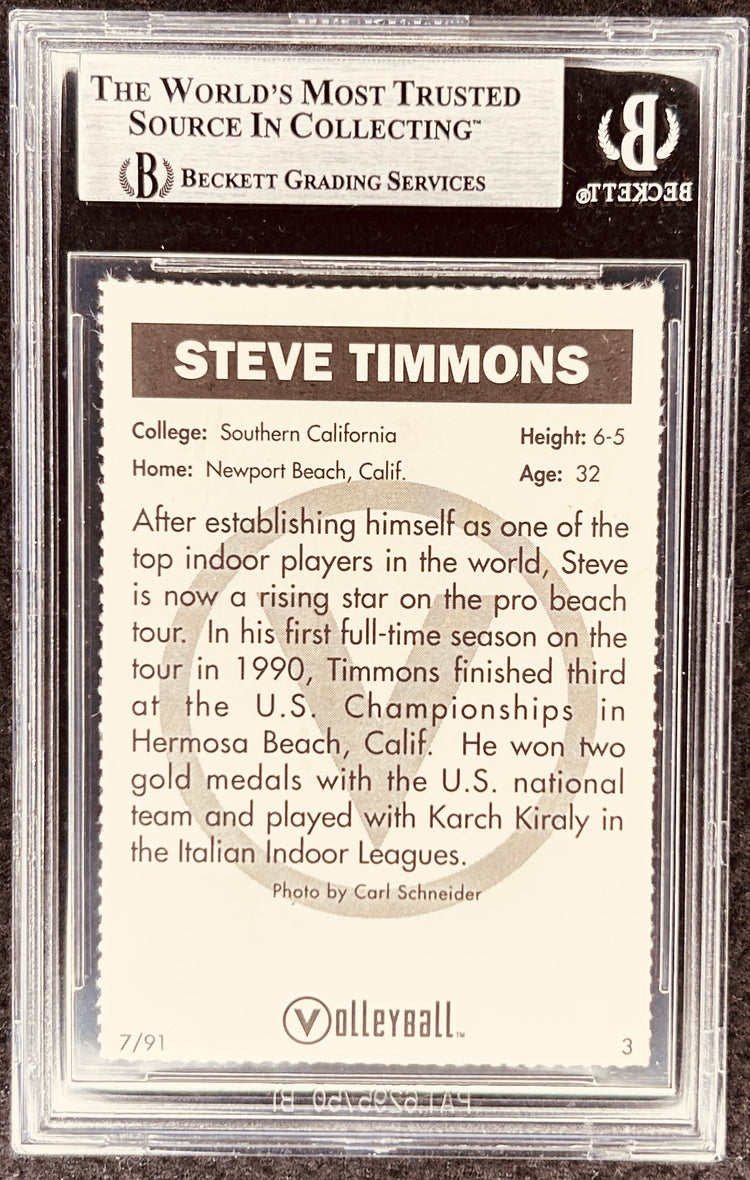 Steve Timmons volleyball card graded by Beckett, featuring bio and stats, collectible sports memorabilia