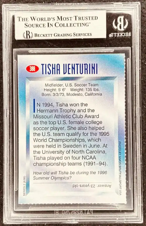 Tisha Venturini soccer trading card, graded by Beckett, featuring her U.S. Team stats and achievements.