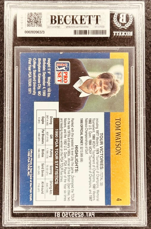 Tom Watson autographed 1990 PGA Tour golf card, Beckett authenticated, featuring stats and tour victories