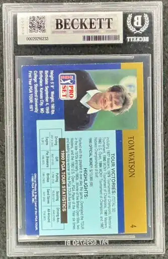 Tom Watson golf autograph card, Beckett graded, PGA Tour stats, 1990 Pro Set, signed memorabilia