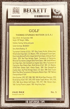 Thomas Sturges Watson golf autograph card, Beckett authenticated, career stats & tournament wins listed