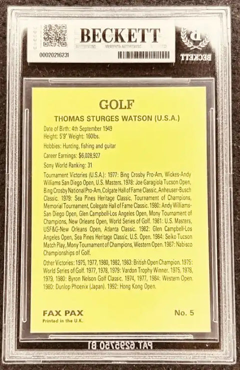 Thomas Sturges Watson golf autograph card, Beckett authenticated, career stats & tournament wins listed
