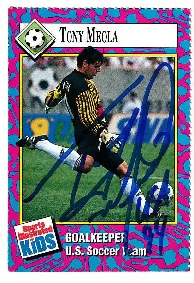 Tony Meola autographed 1993 SI for Kids card - goalkeeper for the U.S. Men's National Soccer Team, signed in blue Sharpie