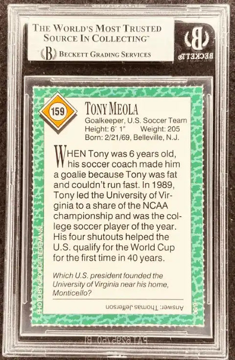 Tony Meola soccer card, U.S. Team goalkeeper, Beckett graded, collectible memorabilia