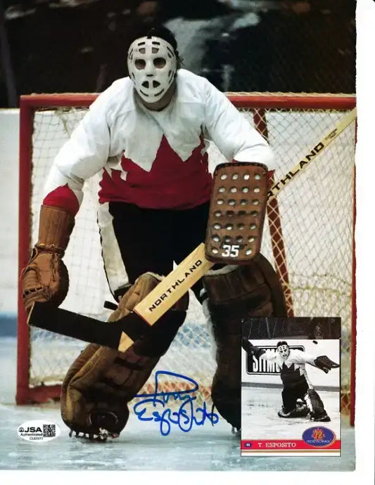Terry Esposito signed NHL goalie photo with JSA authentication, featuring vintage mask and Northland stick