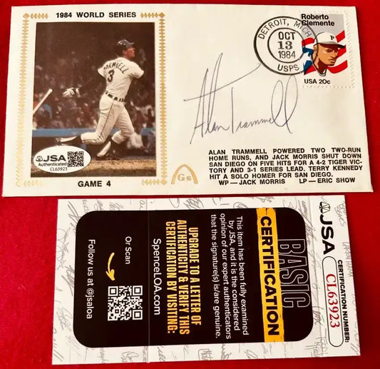Alan Trammell autographed 1984 World Series Game 4 card with JSA authentication, MLB memorabilia